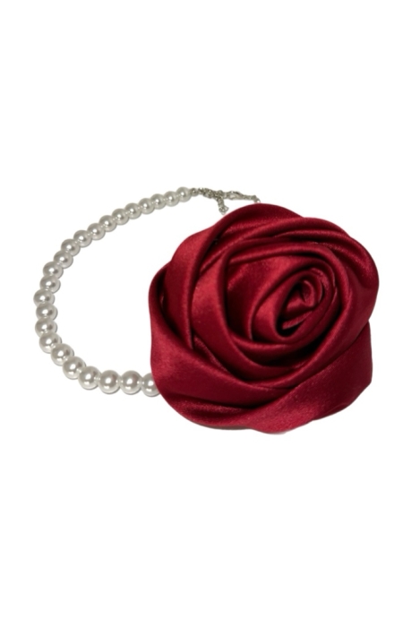 Чокер-брошь, колье, шелковая роза, бордо, жемчуг