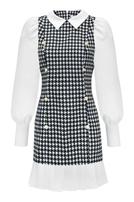 Платье "Аделита" белое, черный принт "гусиная лапка"