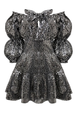 Платье "Барби" черное, серебристые пайетки, с воланами по юбке, мини