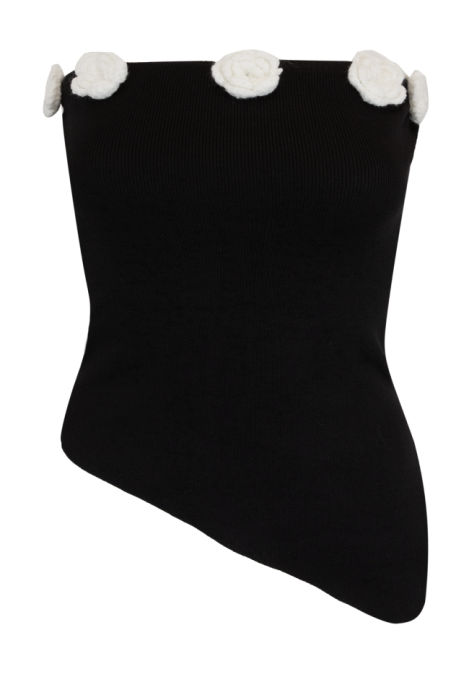 Топ "Буже" Черный Трикотажный ,Ассиметричный , с Белыми вязанными цветами