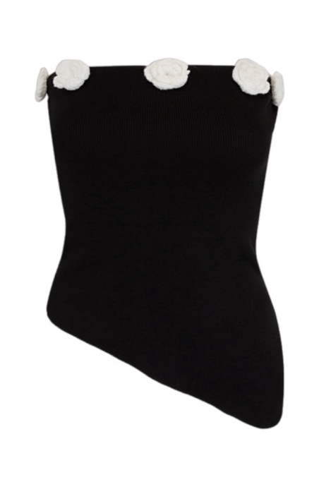 Топ "Буже" Черный Трикотажный ,Ассиметричный , с Белыми вязанными цветами