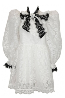 Платье "Мирабель" белое, кружево, бант с черным кружевом, миди