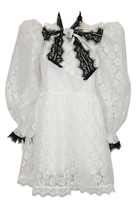 Платье "Мирабель" белое, кружево, бант с черным кружевом, миди