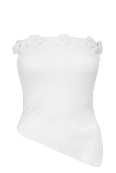 Топ "Буже" Белый Трикотажный ,Ассиметричный , с Белыми вязанными цветами