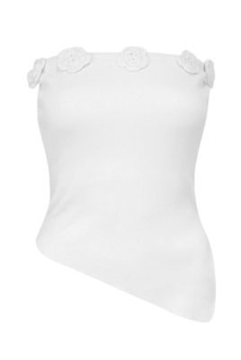 Топ "Буже" Белый Трикотажный ,Ассиметричный , с Белыми вязанными цветами