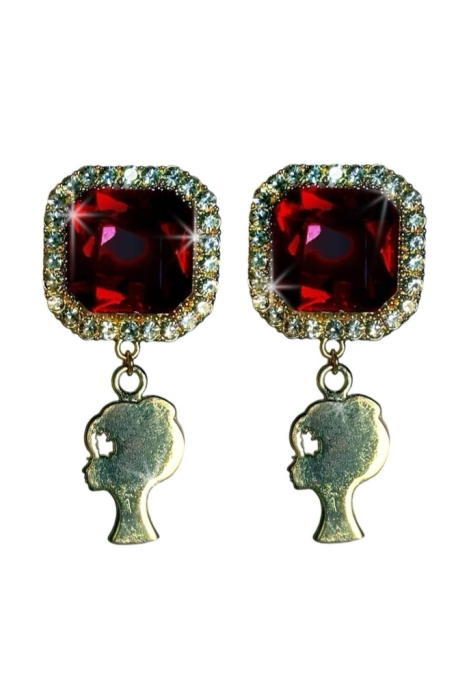 Серьги "Винтаж", алый камень, лого, золото, бордо