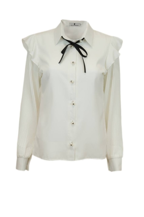 Блуза - рубашка "Шебби" белая, с воланами, рукава гофре, черная лента - бант