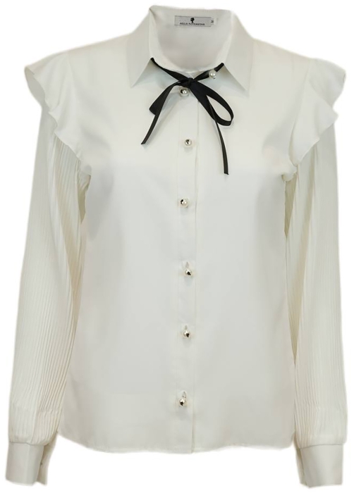 Блуза - рубашка "Шебби" белая, с воланами, рукава гофре, черная лента - бант