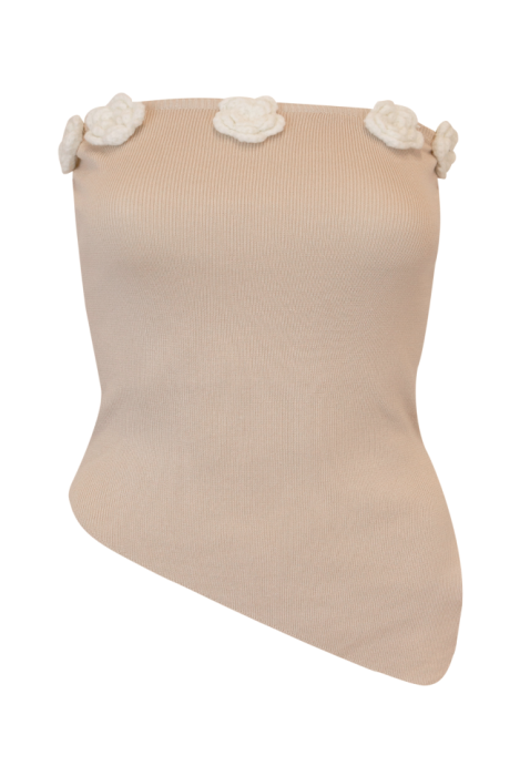 Топ "Буже" Светло - Бежевый Трикотажный ,Ассиметричный , с Белыми вязанными цветами