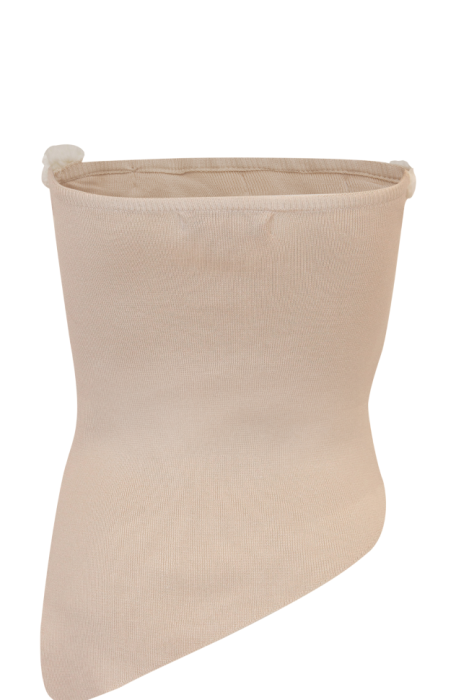 Топ "Буже" Светло - Бежевый Трикотажный ,Ассиметричный , с Белыми вязанными цветами