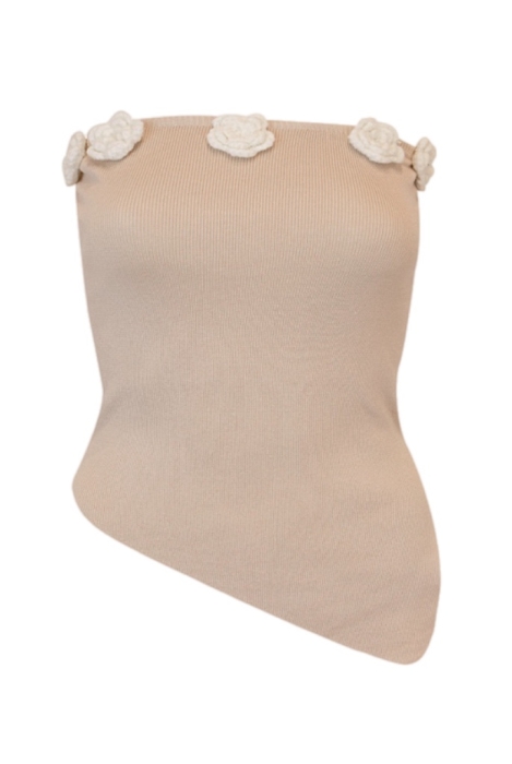 Топ "Буже" Светло - Бежевый Трикотажный ,Ассиметричный , с Белыми вязанными цветами