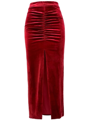 Юбка "Жюр", миди, бордо, бархат, карандаш, с драпировкой, 90 см