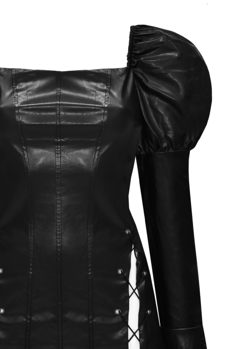 Комплект "Беатриса", платье черное из эко-кожи на завязках с белой юбкой