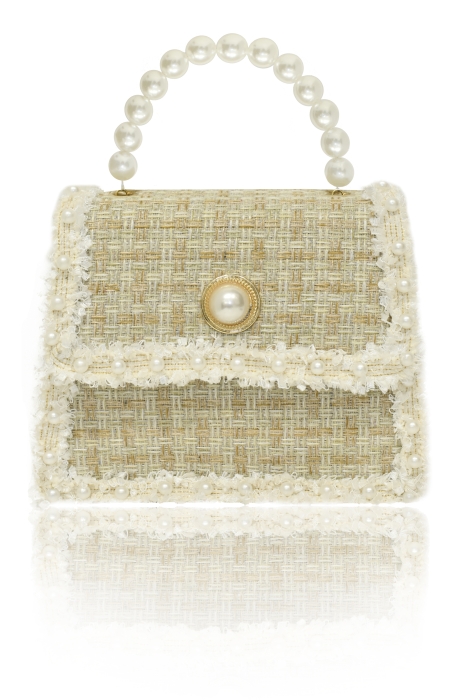 Сумка "Сейдж" бежевая, твид в клетку, ручки из жемчуга