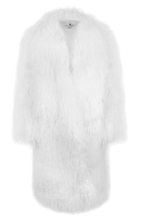 Шуба "Николет" белая, мех лама (натуральный), миди 110 см