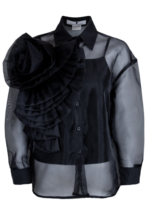Блуза "Олби" черная, органза с крупной брошью