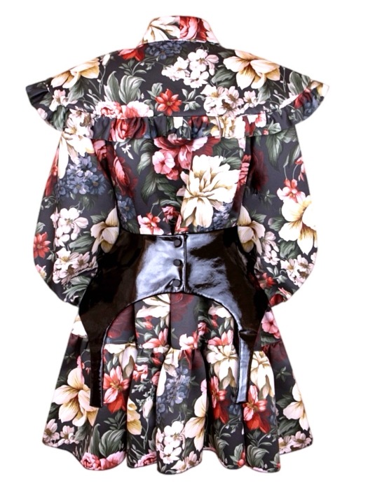 Платье "Лоретта" черное, принт бордово-белые пионы, с воротником и бантом, мини