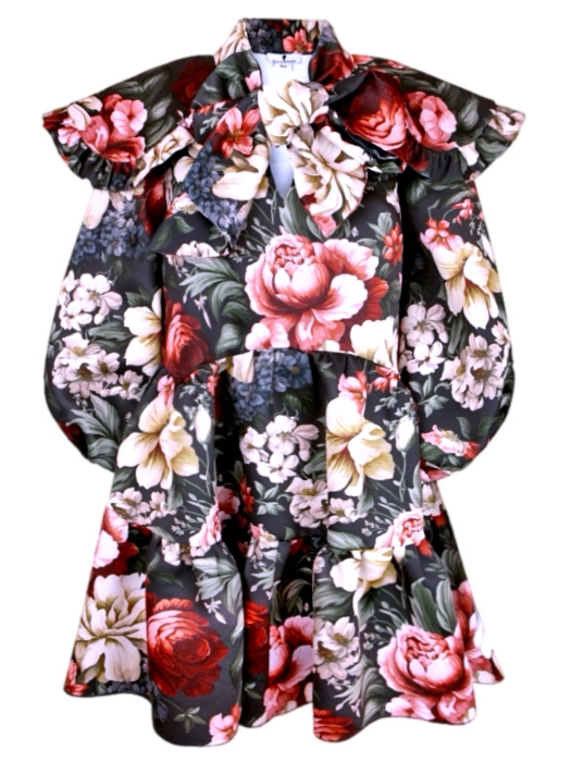 Платье "Лоретта" черное, принт бордово-белые пионы, с воротником и бантом, мини