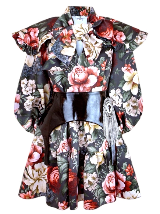 Платье "Лоретта" черное, принт бордово-белые пионы, с воротником и бантом, мини