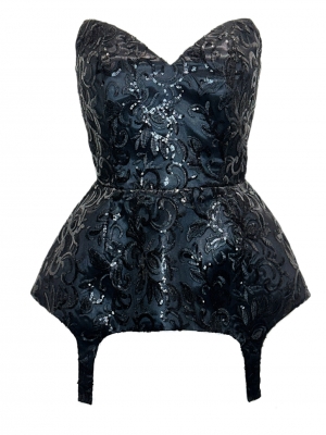 Топ - корсет - баска "Лэсли" , черный, вечерний, кружево с вышивкой и пайетками