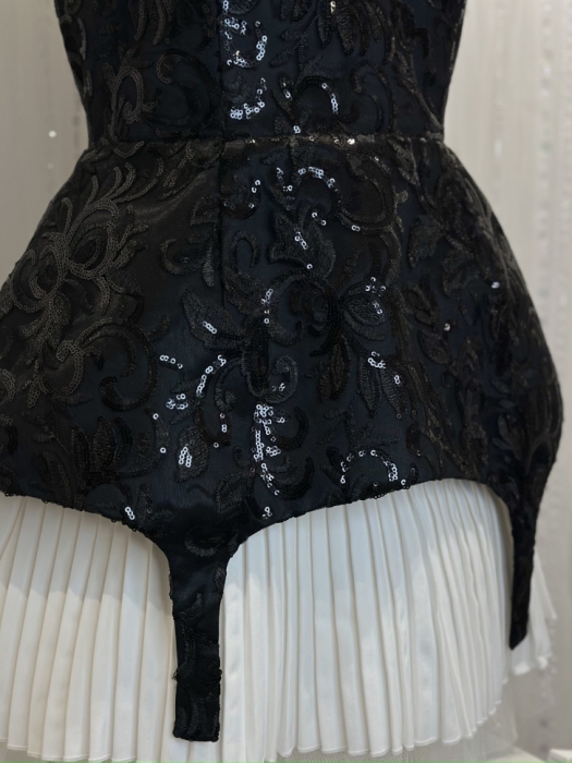 Топ - корсет - баска "Лэсли" , черный, вечерний, кружево с вышивкой и пайетками