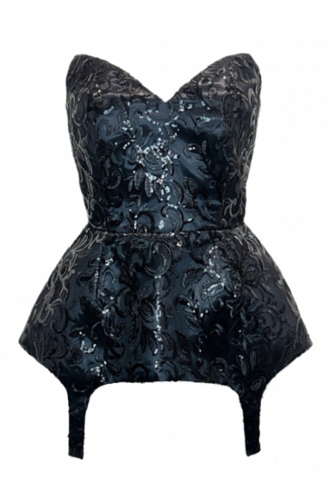 Топ - корсет - баска "Лэсли" , черный, вечерний, кружево с вышивкой и пайетками