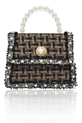 Сумка "Сейдж" черная, твид в клетку, ручки из жемчуга
