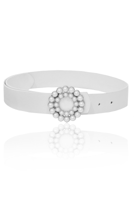 Ремень "пояс" белый (36мм), эко-кожа, пряжка с жемчугом (серебро)