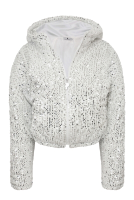 Бомбер - пуховик (куртка) "Гретэль" белый, серебристые пайетки