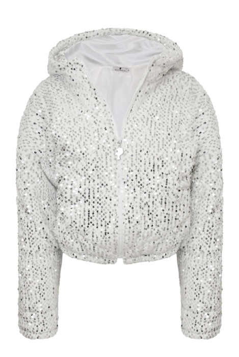 Бомбер - пуховик (куртка) "Гретэль" белый, серебристые пайетки