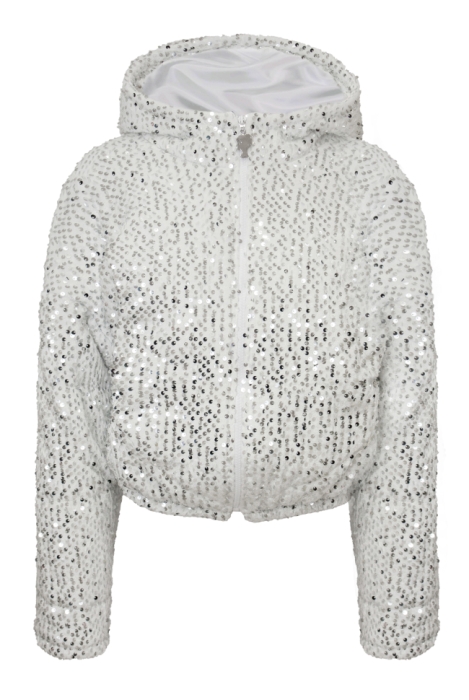 Бомбер - пуховик (куртка) "Гретэль" белый, серебристые пайетки