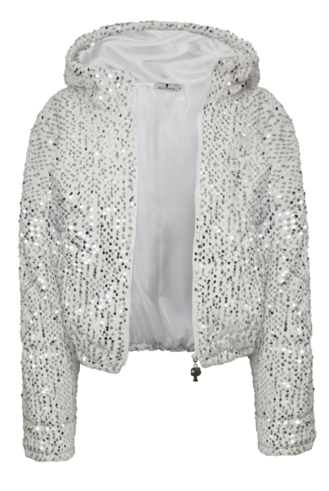 Бомбер - пуховик (куртка) "Гретэль" белый, серебристые пайетки