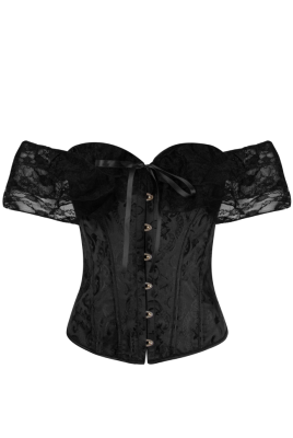 Корсет - пояс черный, высокий, жаккард (узор), на завязках, кружевные рукава