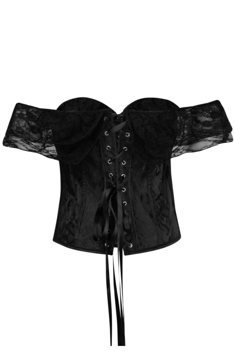 Корсет - пояс черный, высокий, жаккард (узор), на завязках, кружевные рукава