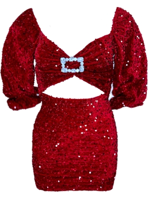 Платье "Сельвен" мини, бордо, красное, бархат, пайетки, фигурный бюст