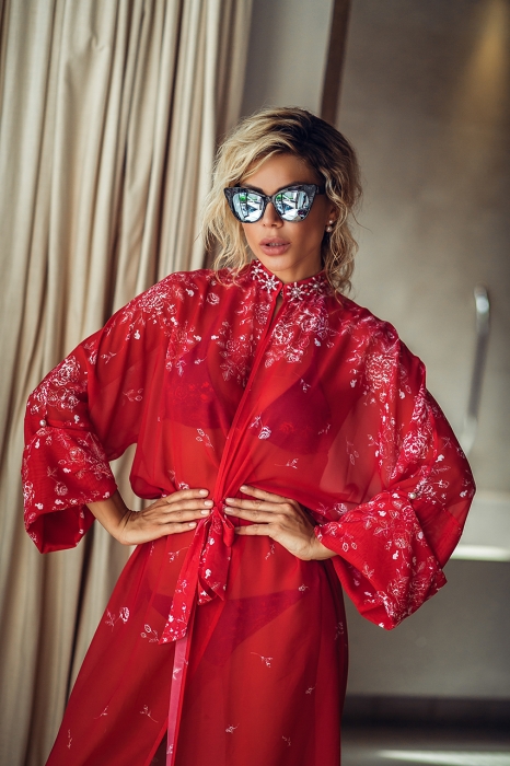 Кимоно "Дзен" красный, молочный принт