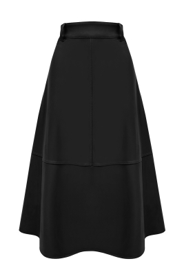Юбка миди, черная, А-силуэта, эко-кожа (длина 76 см)