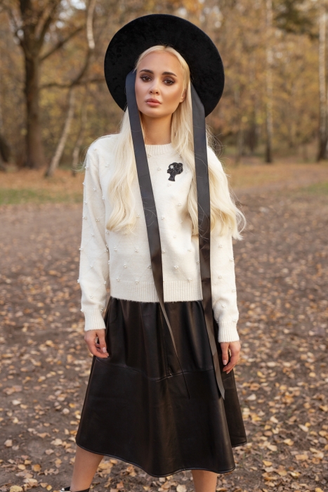 Юбка миди, черная, А-силуэта, эко-кожа (длина 76 см)