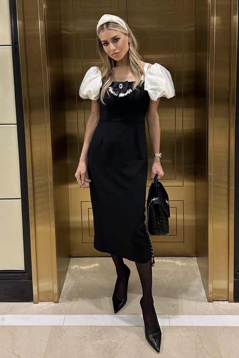 Платье "Офелия" черное, бархат, молочные рукава фонарики