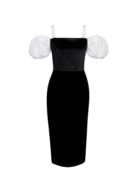 Платье "Офелия" черное, бархат, молочные рукава фонарики