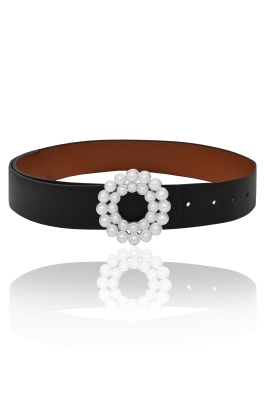 Ремень "пояс" черный (36мм), эко-кожа, пряжка с жемчугом (серебро)