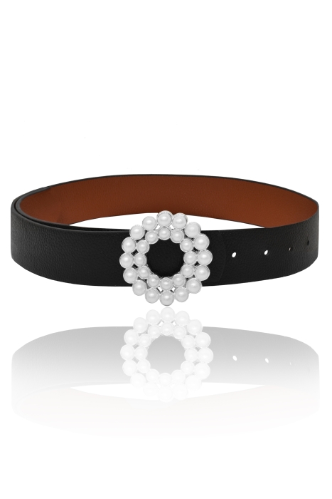 Ремень "пояс" черный (36мм), эко-кожа, пряжка с жемчугом (серебро)