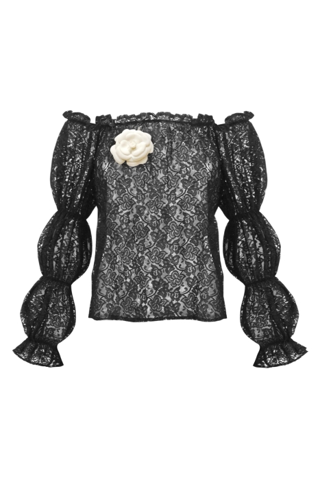 Блуза "Лючия" черная, кружево, с топом и брошью, рукава фонарики, резинка по декольте