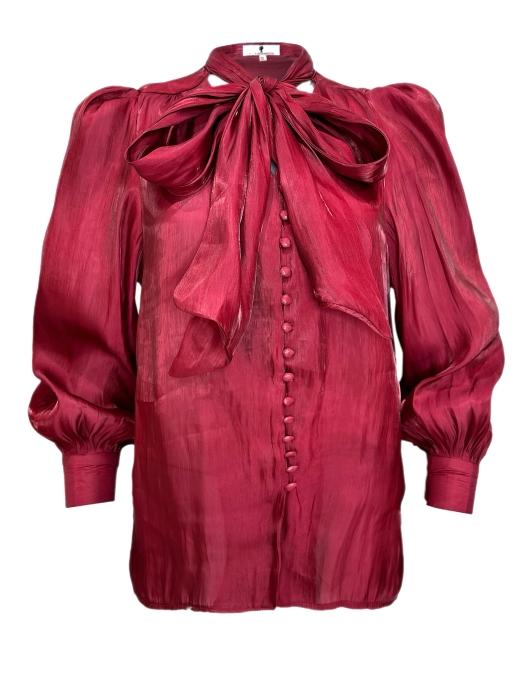 Блуза "Иоланда New" бордовая, органза, с бантом, винная, перламутр темно-красная