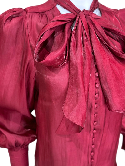 Блуза "Иоланда New" бордовая, органза, с бантом, винная, перламутр темно-красная