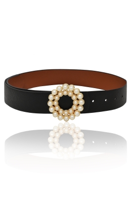 Ремень "пояс" черный (36мм), эко-кожа, пряжка с жемчугом (золото)