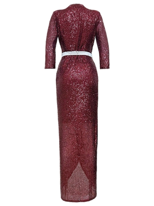 Платье "Сисиль", макси, бордо, винное, марсала, на запах + пояс из жемчуга, пайетки