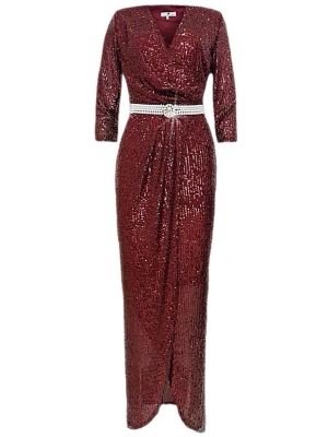Платье "Сисиль", макси, бордо, винное, марсала, на запах + пояс из жемчуга, пайетки