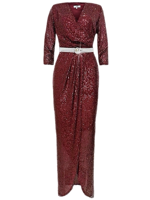 Платье "Сисиль", макси, бордо, винное, марсала, на запах + пояс из жемчуга, пайетки