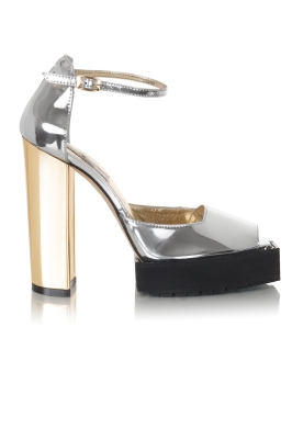 Босоножки "Альба" лак серебристые, каблук золотистый